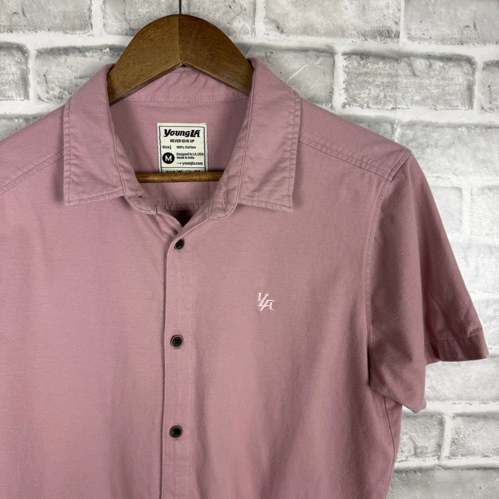 YoungLA Mens Short Sleeve Button Down Shirt Dusty Pink Cotton Logo Size Medium
